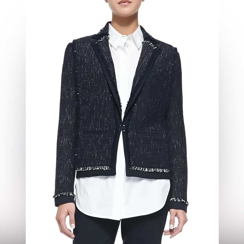 VINCE Fringed Navy Blue Twill Paneled Tweed Cotton Blend Blazer Jacket EUC Sz L